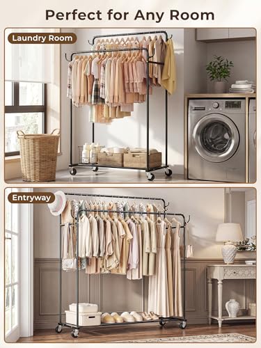 HogHow Double Rod Rolling Clothes Rack with Wheels - Portable Garment Organizer for Bedroom & Laundry