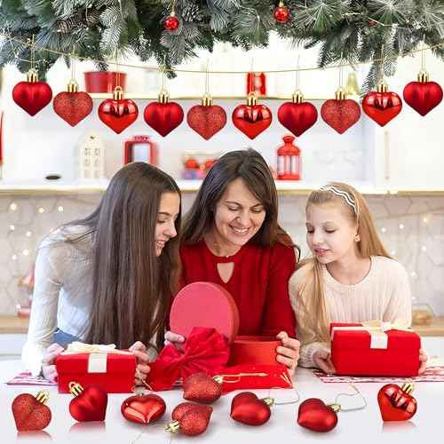 24 PCS Heart Shaped Ornament for Christmas Tree Red Heart Hanging Ornament Multi Finish Hearts Plastic Baubles Xmas Tree Hanging Decoration for Valentines Anniversary Party Decor