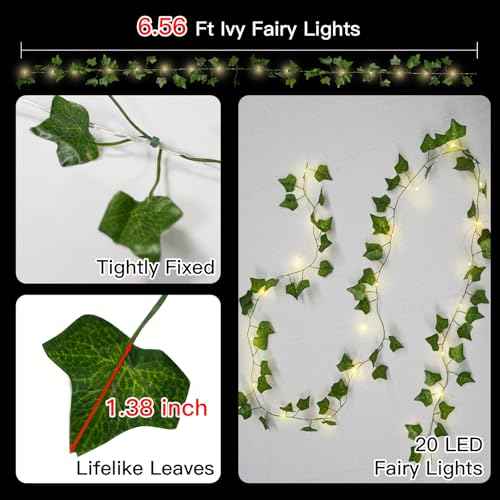 suddus Vines with Lights Battery Operated, 20 LED 6.56FT Fairy Lights Leaves with Timer, Ivy Vines String Lights for Bedroom,Classroom,Dorm, Wall, Garden, Party, Christmas£¬Wedding Decor (Warm White)