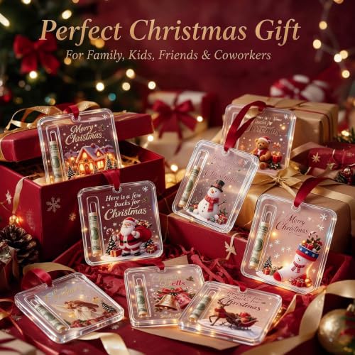 10Pcs Christmas Cash Gift Ornament - Acrylic Money Holder, Santa/Reindeer/Tree Designs, Gift Ready