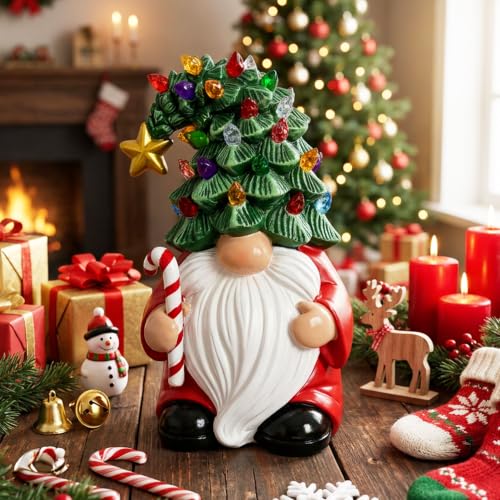 Lighted Christmas Tree Gnome Figurine - 7 Inch Table Decor with Pedestal - Resin Holiday Ornament