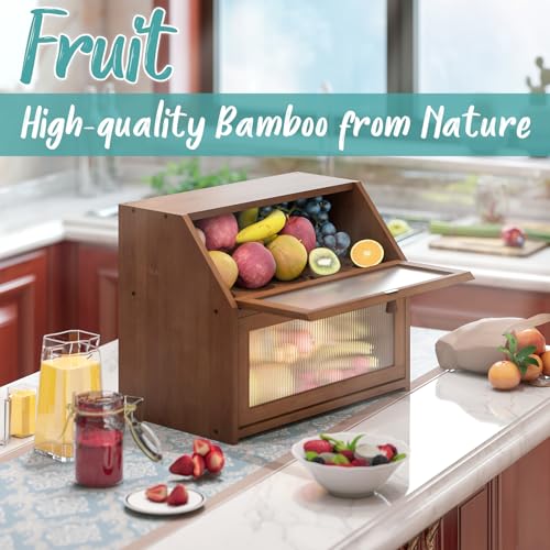 Large Brown Bamboo Double Layer Bread Box for Kitchen Counter - Vriccc
