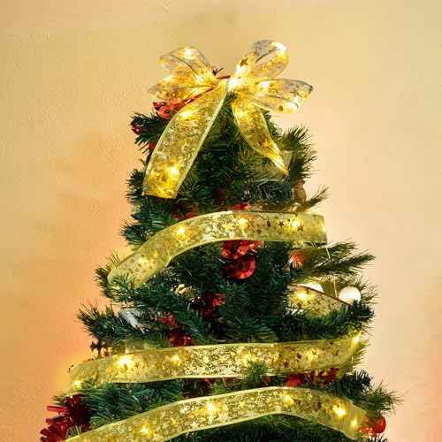 Christmas Tree Ribbon String Lights, 33FT 100 LED String Lights with Timer and 8 Lighting Modes for Christmas Tree Decoration, Fairy Lights Indoor String - Gold