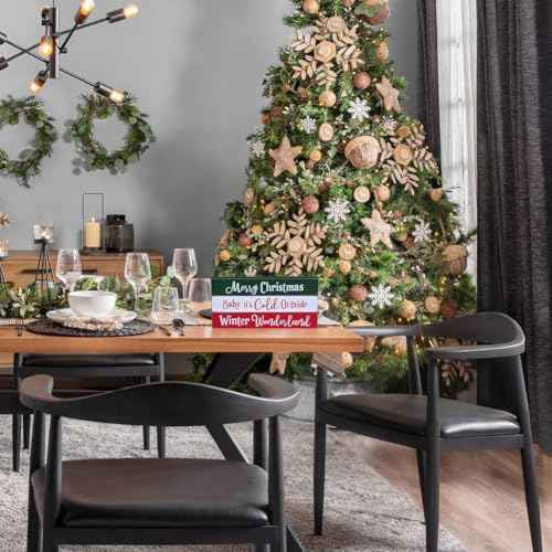 Rustic Wooden Christmas Sign Blocks, 3pcs Farmhouse Decorations Indoor, Tiered Tray Decor, Xmas Centerpiece, Merry Christmas Wood Signs for Home Desk Office Bedroom Shelf (3pcs)