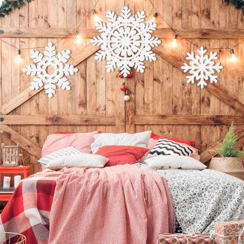 Wooden Large Snowflake Ornaments Sign Christmas Decorations 3Pack, Wood Hollow White Snowflakes Crafts Winter Hanging Plaques Decorations 3 Size of Cutouts New Year Wall Bedroom Living Room Decoration