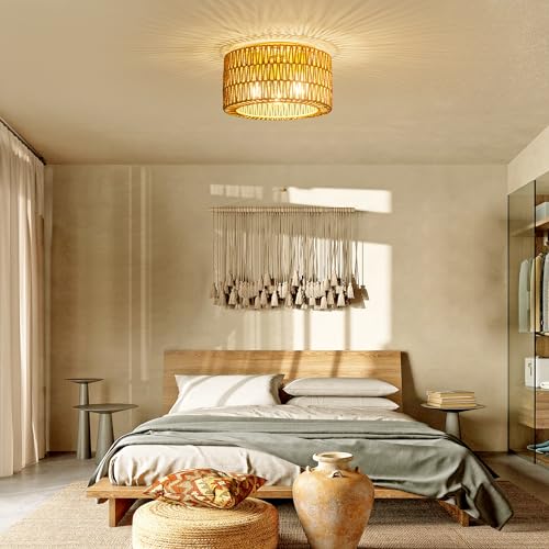 Gold 3-Light Rattan Ceiling Light Fixture Boho Woven Flush Mount for Bedroom Living Room