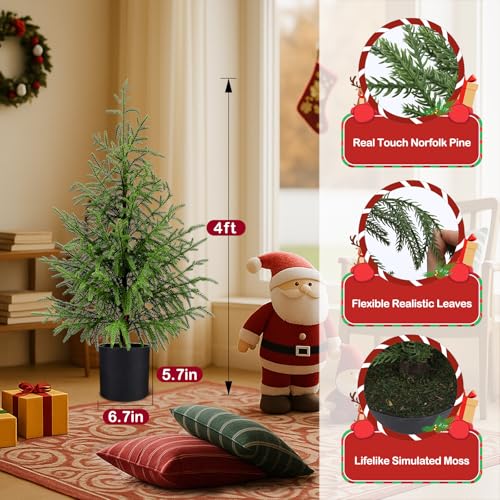 ENVEN 4FT Prelit Norfolk Pine Christmas Tree – Real-Touch Artificial Cedar with 80 LED Lights, 8-Function Plug-in, Potted Faux Tree (4ft-1 Pack)