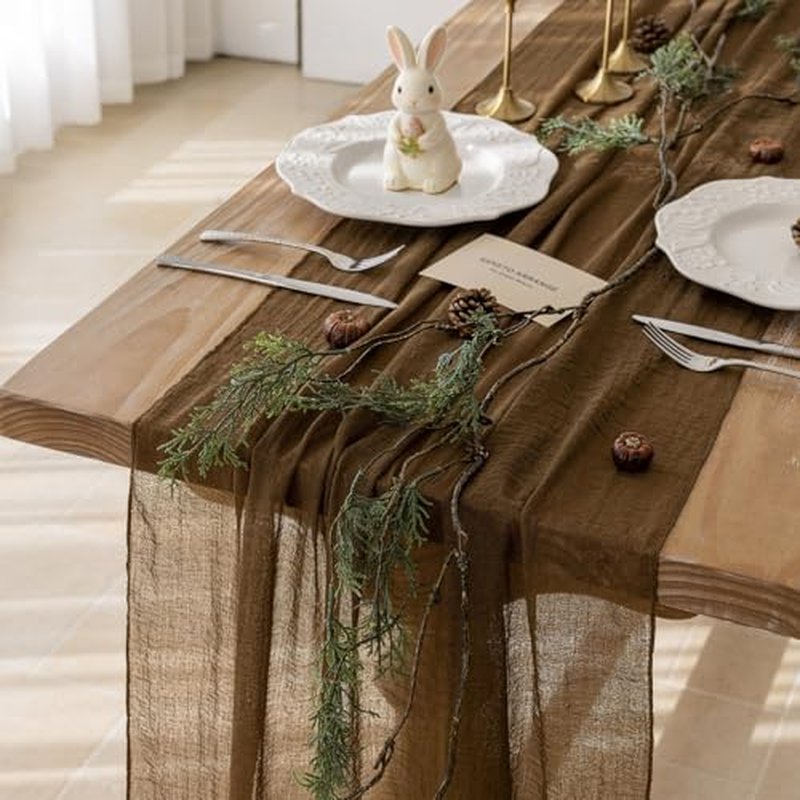 Keketoarrange 10pcs Coffee Gauze Rustic Tan Cheesecloth Table Runner 120 Inch 10 FT for Wedding Baby Shower Bridal Shower Birthday Engagement Garden Outdoor Party Long Sheer Boho Decorations