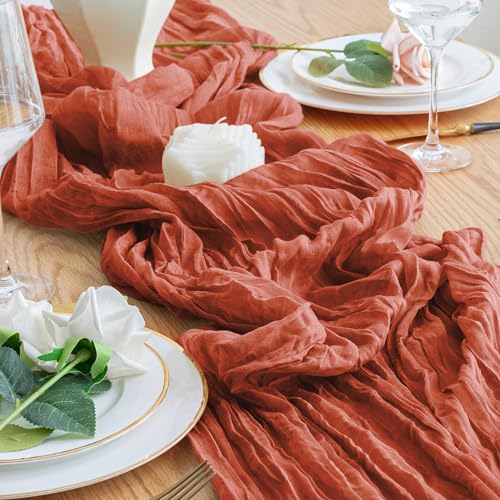 Fall Table Runner Cheesecloth 10FT Terracotta Boho Burnt Orange Gauze Cheese Cloth Rustic Sheer Table Runners for Wedding Bridal Baby Shower Party Decoration