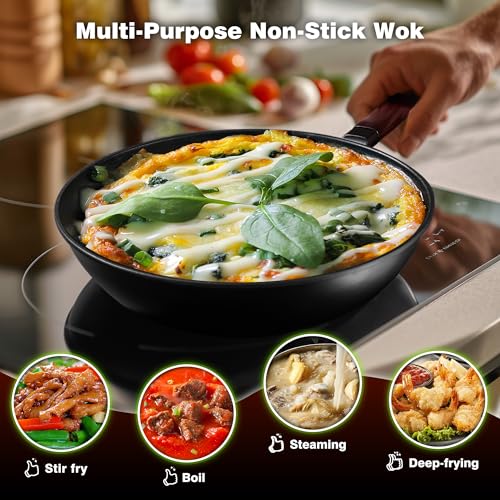 13-Inch Carbon Steel Wok with Lid - Nonstick Stir-Fry Pan, Black