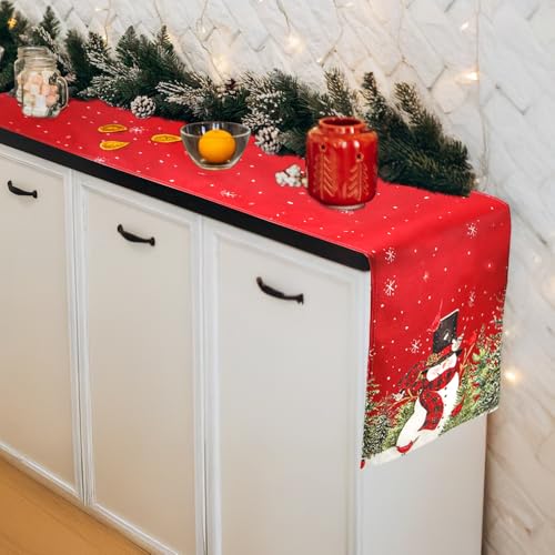 Christmas Table Runner, Xmas Table Runners for Table, Snowman Trees Snowflakes Red Winter Table Runner Xmas Dining Table Decorations for Christmas Party Holiday Home Kitchen Decorations, 13x72 Inch