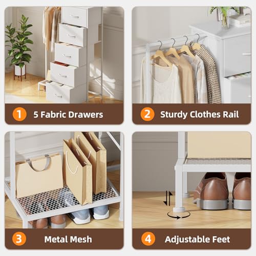 White Somdot 2-in-1 Dresser with Hanging Rack and 5 Drawers - Small Closet Organizer
