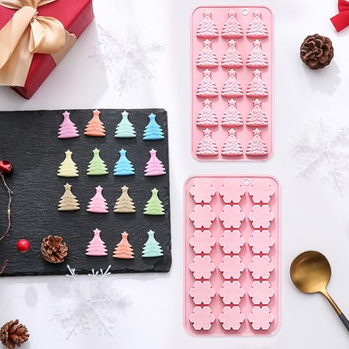Pink Christmas Silicone Candy Molds 4-Pack Snowflake & Tree Design QY250
