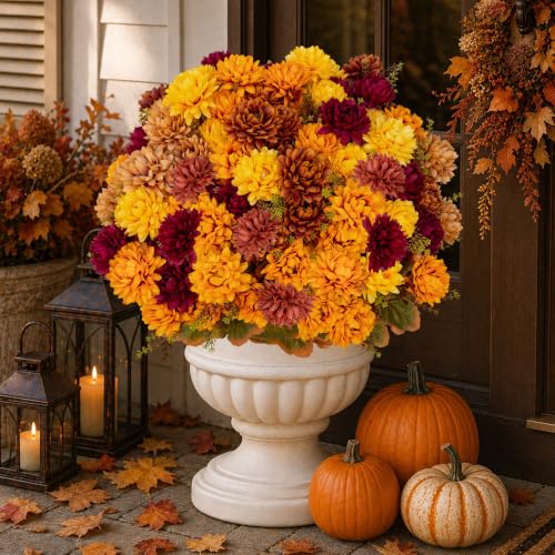 Artificial Fall Mums Flowers Bundle - 15 Inch, Multi-Orange Yellow Burgundy Brown, Outdoor Decor