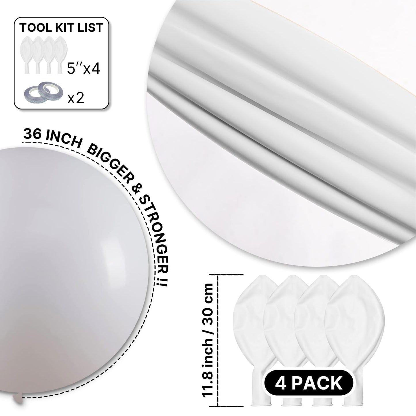 PartyWoo White Balloons 4pcs 36 Inch Extra Large Big Jumbo Giant Matte White Latex Helium Balloons for Wedding Bridal Graduation Engagement Baby Shower Birthday Tea Party Decorations White-Y13