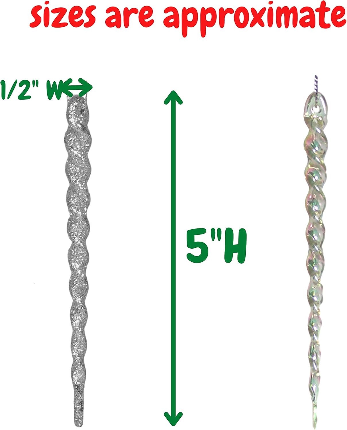 48-Piece Shatterproof Icicle Ornaments Set for Christmas Trees - 24 Glitter Silver & 24 Clear Iridescent - 5” Long