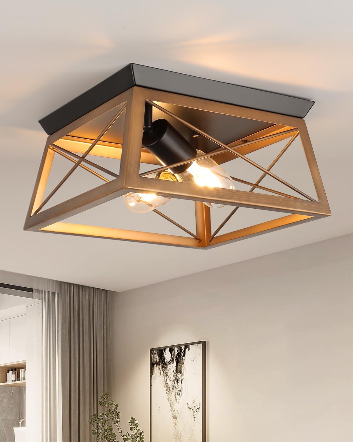 Farmhouse Flush Mount Ceiling Light Oak White Ceiling Light Fixtures 2-Light Industrial Vintage Metal-Framed Ceiling Lighting for Hallway Foyer Kitchen Dining Room Bedroom Living Room Laundry
