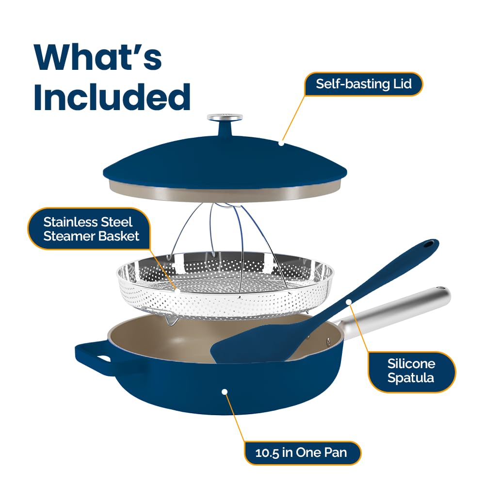 Nutricook 10.5” Ceramic Nonstick Pan with Lid, Steamer & Spatula | PTFE & PFOA Free | Oven Safe, Induction Compatible | 10-in-1 Multi-Function Cookware for Saute, Frying, Searing, Steaming & Baking