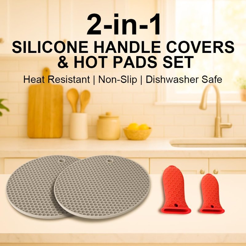 Silicone Handle Cover with Hot Pads for Kitchen - 2 Pack Heat Resistant Handle Covers for Cast Iron Skillets + 2 Multi-Purpose Hot Pads - Non-Slip, Heat-Resistant, with Hanging Holes (Red)
