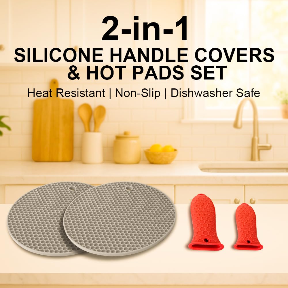 Silicone Handle Cover with Hot Pads for Kitchen - 2 Pack Heat Resistant Handle Covers for Cast Iron Skillets + 2 Multi-Purpose Hot Pads - Non-Slip, Heat-Resistant, with Hanging Holes (Red)