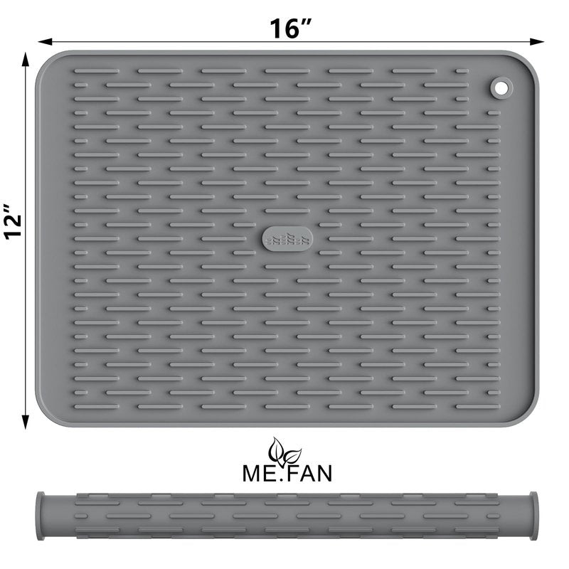 ME.FAN Silicone Dish Drying Mat for Kitchen Counter, Dish Drying Pad for Sink, Refrigerator or Drawer, Countertop Protection Pad M - 16''×12'' - Grey