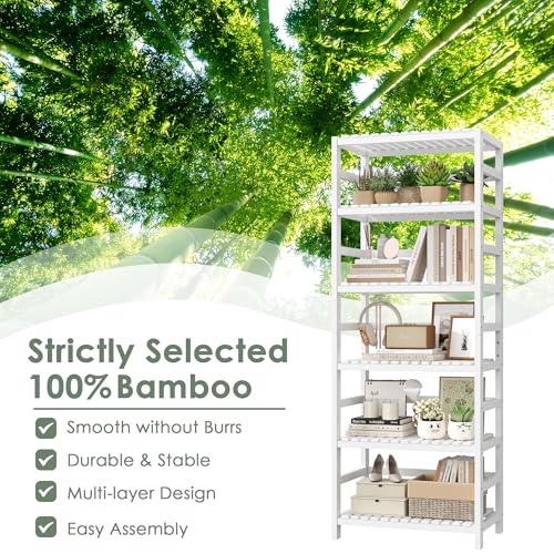 White 6-Tier Bamboo Shelf with Adjustable Shelves - Large Capacity Kitchen Storage