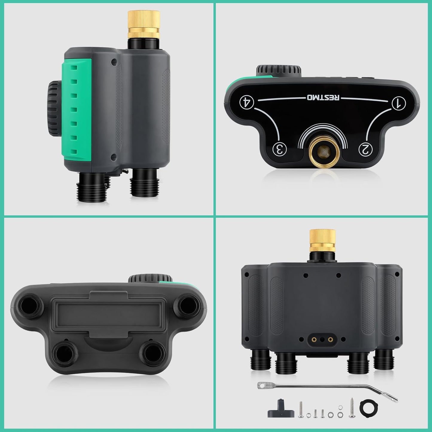 RESTMO 4-Outlet Sprinkler Timer - Programmable Digital Water Timer for Garden Hose | Brass Inlet, Rain Delay