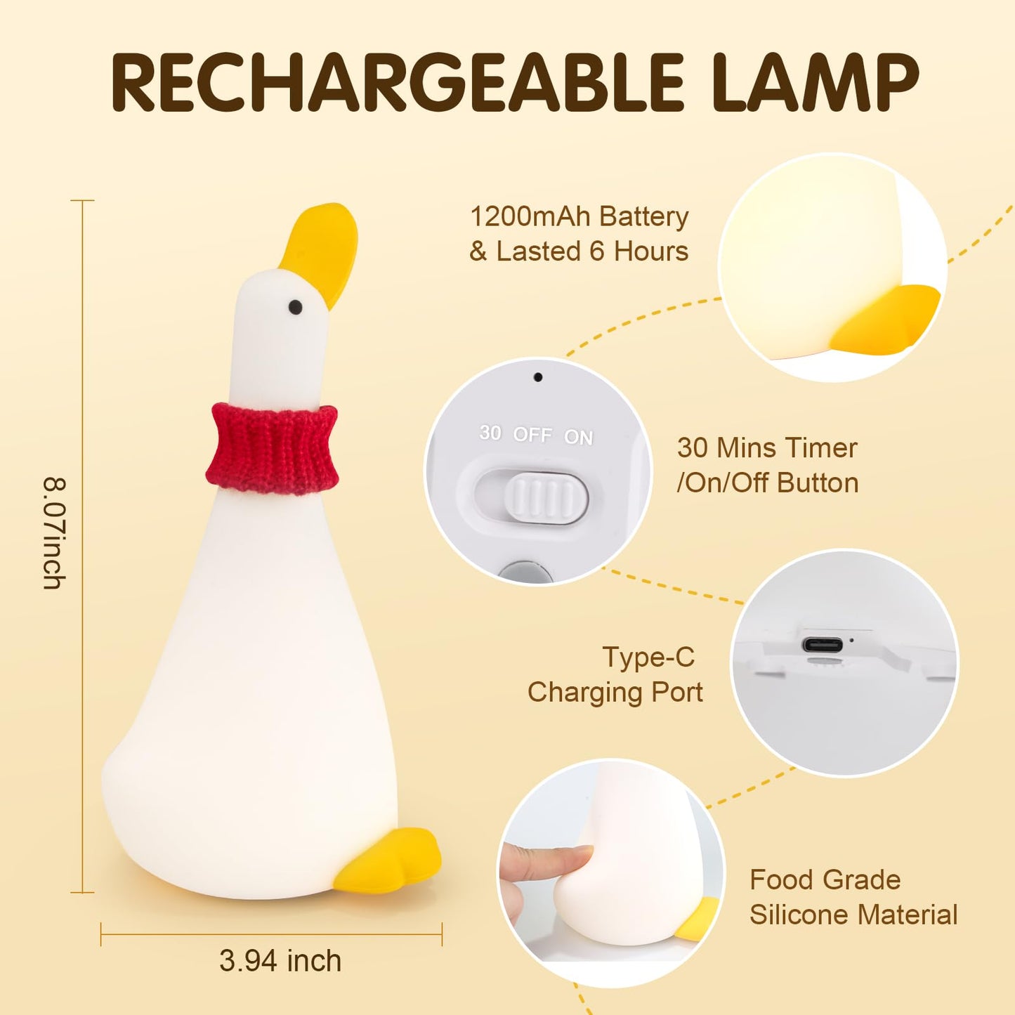 Duck Night Light Silicone Cute Dorm Bedroom Home Decor Night Light for Breastfeeding Squishy Duck Nightlight Cordless Rechargeable Dimmable Touch Fun Bedside Desk Lamp for Christmas Gifts (Twin Ducks)