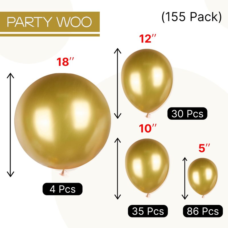 PartyWoo Gold Balloons 155pcs Different Sizes of 18 12 10 5 Inch Gold Balloon Arch Kit Garland for Birthday Wedding Anniversary Baby Shower Graduation Retirement Casino Party Decorations Gold-G101