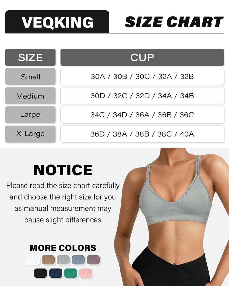 VEQING 3 Pack Women's Seamless Sports Bra - Deep V Neck Wirefree Yoga Bras with Removable Pads, Crisscross Strappy Back Comfortable Low Impact Workout Bralette for Small Chests, Daily Wear