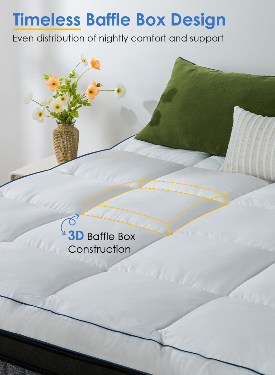 QUEEN ROSE Mattress Topper Full Size, Pillow Top Extra Thick Mattress Pad, Soft Baffle Box Overfilled Down Alternative for Back Pain, 4 Corner Straps, White