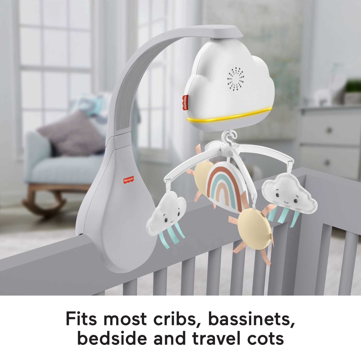 Fisher-Price Baby Toy Rainbow Showers Bassinet Mobile to Bedside Sound Machine with Music & Night Light for Newborn to Toddler Ages 0+ Months