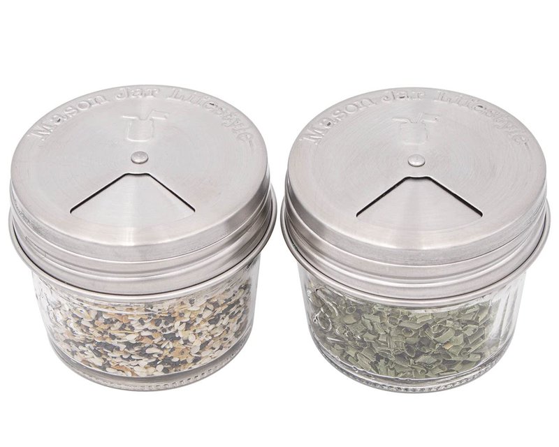 Mason Jar Lifestyle Adjustable Spice Shaker Lids for Regular Mouth Mason Jars – 4 Pack Stainless Steel Tops with Shaker and Pour Options – Seasoning Dispenser Lids