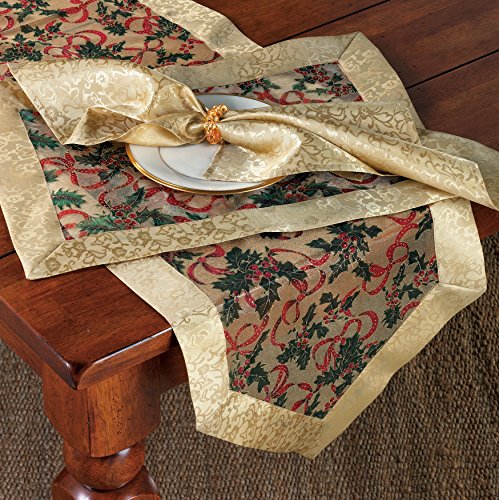 SARO LIFESTYLE Metallic Holly Ribbon Table Runner - Festive Holiday