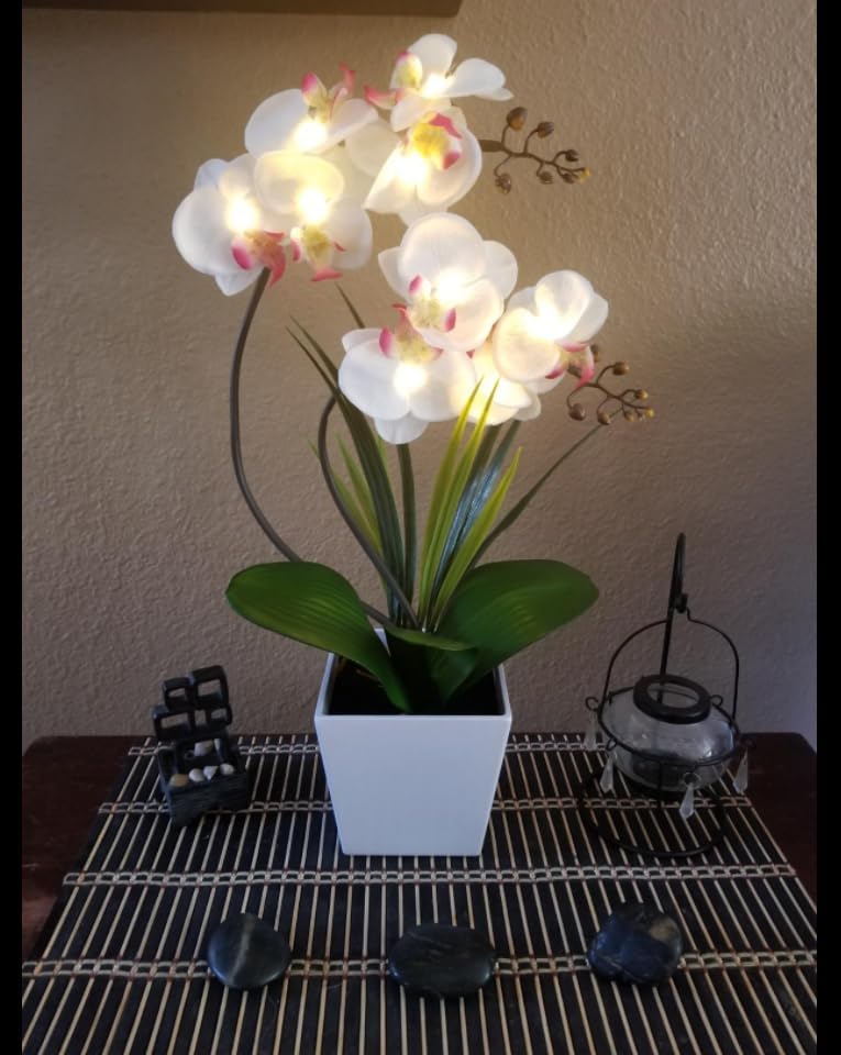 Pre-Lit Artificial Orchid Arrangement - LED Orchid Plant with 9 Lights (White)