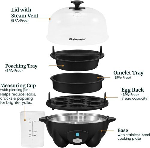 Elite Gourmet Rapid Egg Cooker - 7 Egg Capacity, Auto Shut-Off & Recipe Booklet | Black