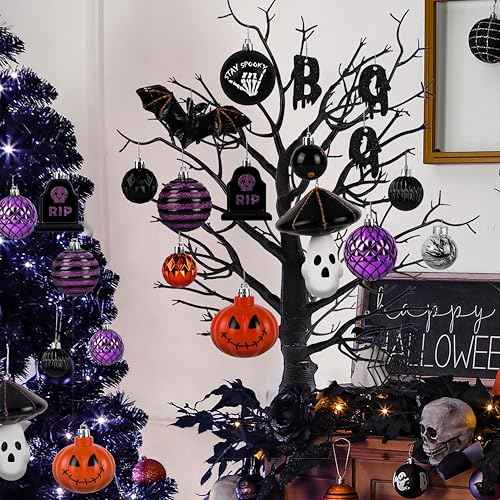 Alupssuc 70pcs Clearance Halloween Tree Ornaments Set,Multiple Patterns Shatterproof Plastic Hanging Balls Decorations with Rope for Indoor Outdoor Halloween Party,Black & Orange & Purple