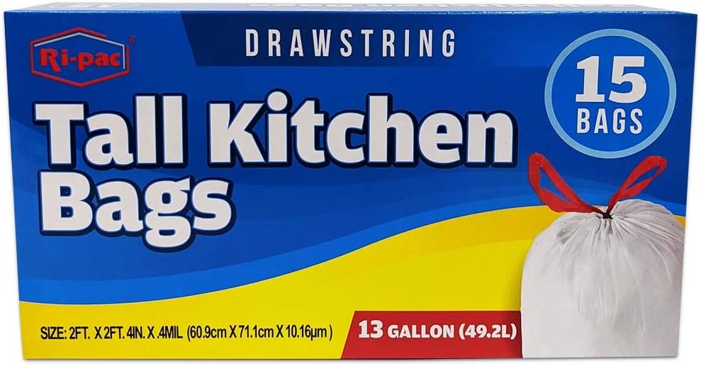 Ri-pac 13 Gallon Tall Kitchen Trash Bags - Durable Drawstring Design | 15 Count Pack