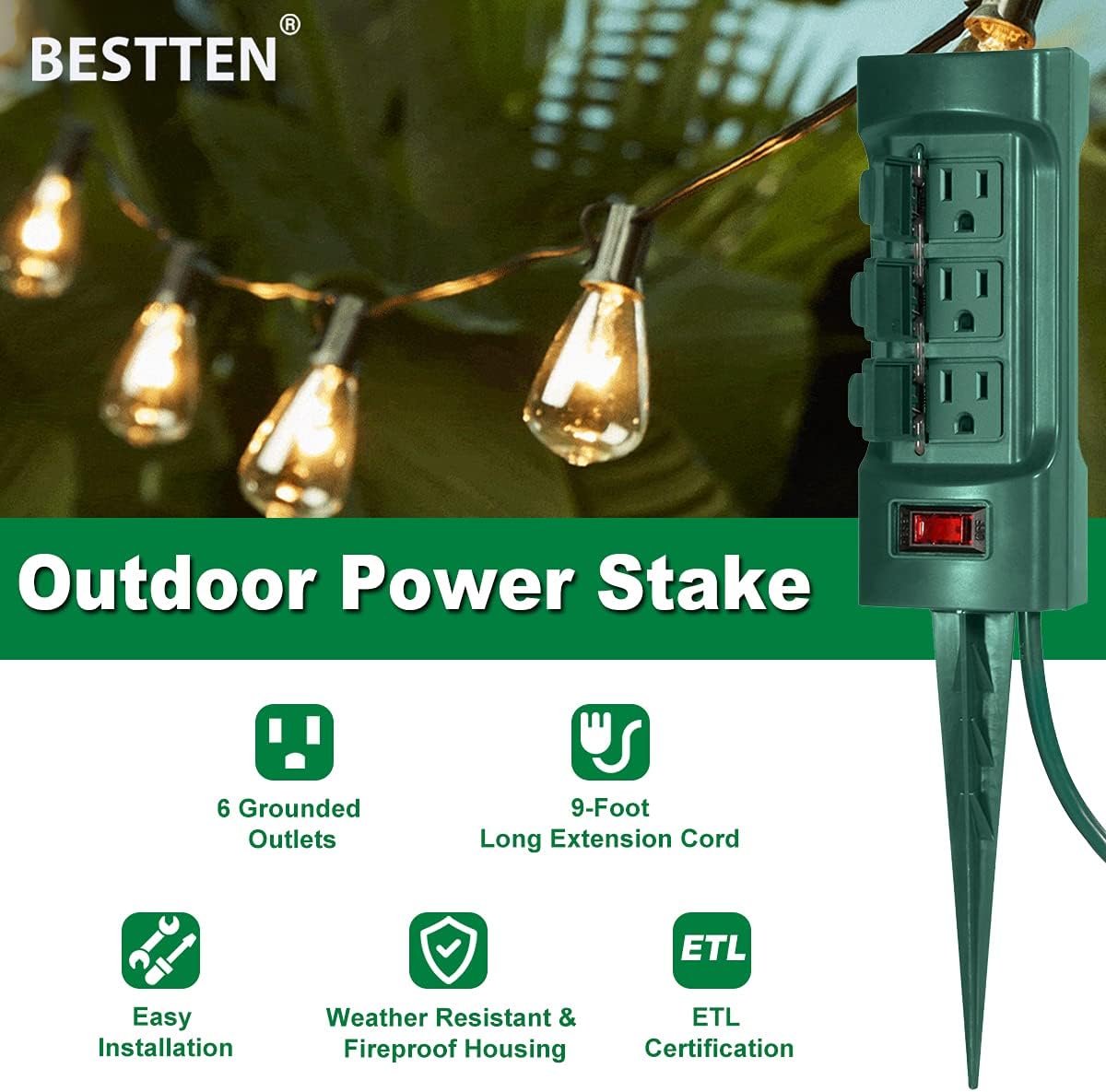 Outdoor Power Strip with Covers - 6-Outlet Yard Stake, 9ft Cord & Overload Protection