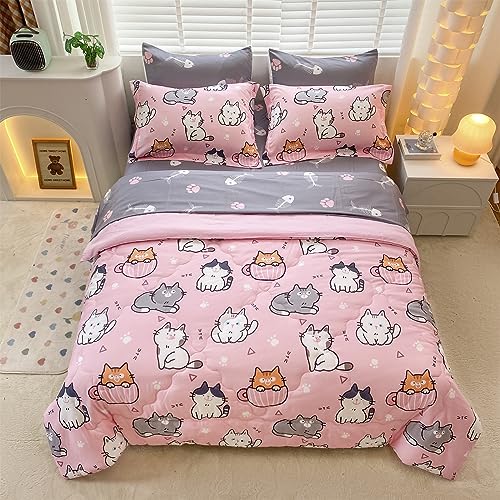 7 Piece Girls Cats Bedding Comforter Set Twin Size for Kids Bed in A