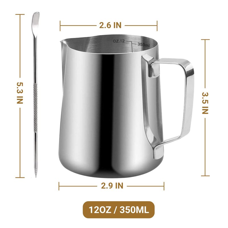 Milk Frothing Pitcher, 350ml/12oz Milk Frother Cup Stainless Steel Jug Steaming Pitcher, Milk Coffee Cappuccino Latte Art Barista Steam Pitchers Milk Jug Cup with Decorating Pen