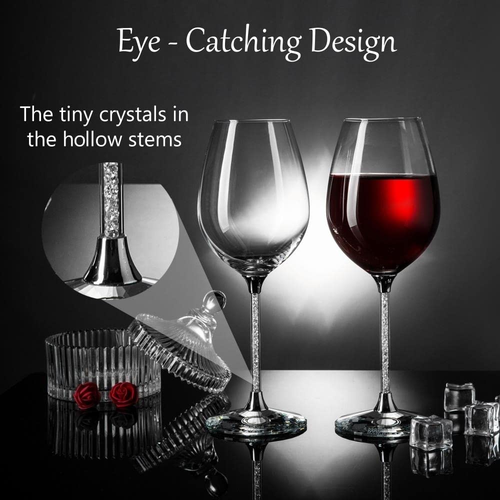 Matashi Crystal Wine Glasses Set of 2 (18.5 oz) - Clear Crystal Filled Stem, Luxury Decorative Wine Glass Gift Set for Wedding, Anniversary, Elegant Red & White Wine Glasses