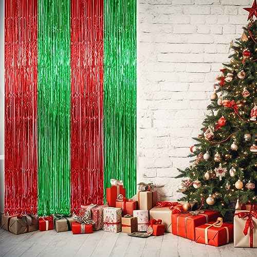 2 Pack 3.2ft x 9.8ft Christmas Metallic Foil Fringe Curtain, Red Green Tinsel Curtains Streamer Large Party Photo Booth Props Backdrops for Happy New Year Birthday Wall Door Indoor Outdoor Decorations