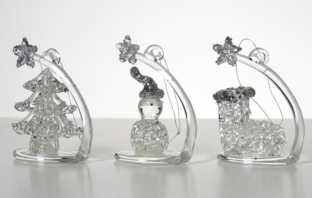 Glitter Christmas Ornaments Set of 3 - Boot, Tree & Snowman Glass Decor - 2.25” H x 1.75” W