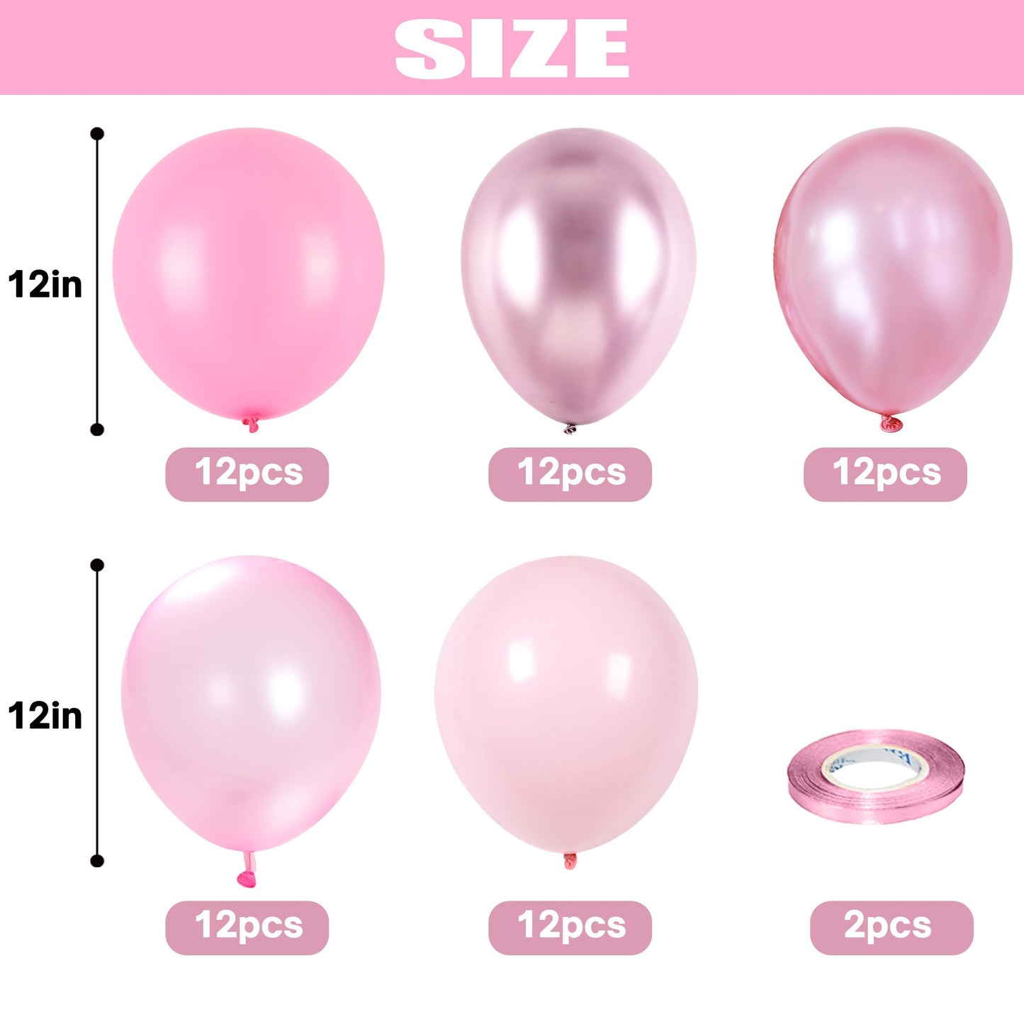Pink Balloons Set, 60 Packs 12 Inch Metallic Chrome Pink Pearl Macaron Light Pink Different Shades Balloons for Girl Women Birthday Decorations, Wedding, Christening, Baby Shower Party