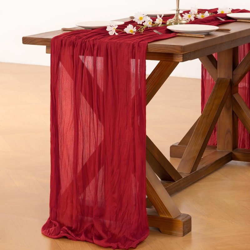 Socomi 3pcs Red Summer Cheesecloth Table Runner Boho Rustic Gauze 120 inch 10FT Cheese Cloth Sheer Runner for Wedding Party Baby Shower Birthday Home Decor Holiday Decorations