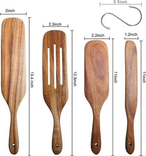 Acacia Kitchen Utensils Set by Spurtle - 4-Piece Natural Wooden Cooking Tools for Stirring & Serving