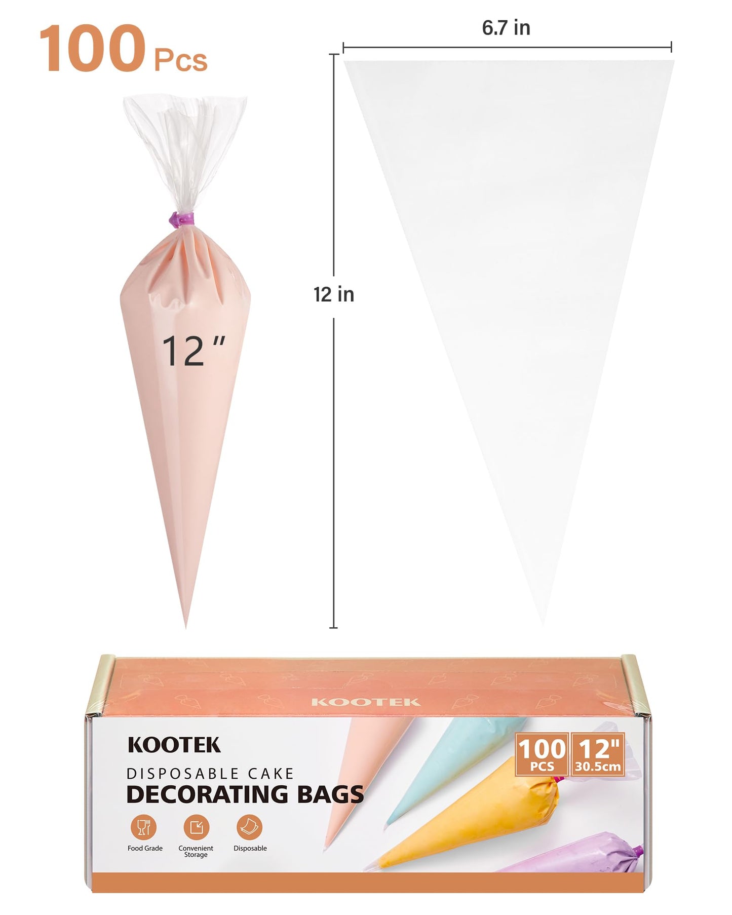 Kootek 12" Piping Bags (100Pcs), Disposable Pastry Bags Anti Burst Icing Frosting Bag Thick Cake Decorating Bags for Cookie, Cupcake, Candy, Baking Supplies Tools