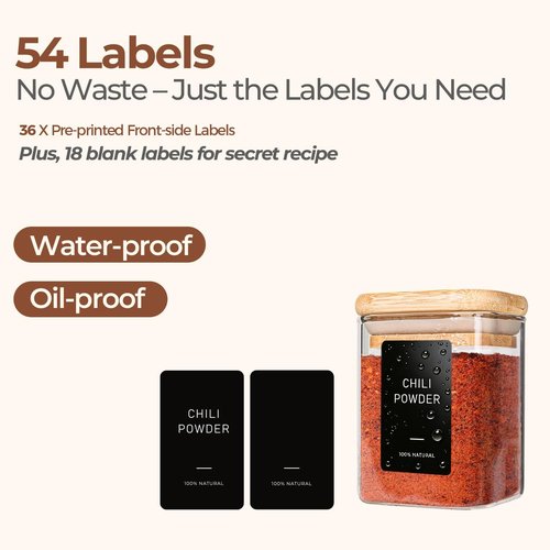 ComSaf Spice Jars - 16 Pack 4oz Glass Containers with Bamboo Lids & 54 Labels | Perfect for Kitchen Organization