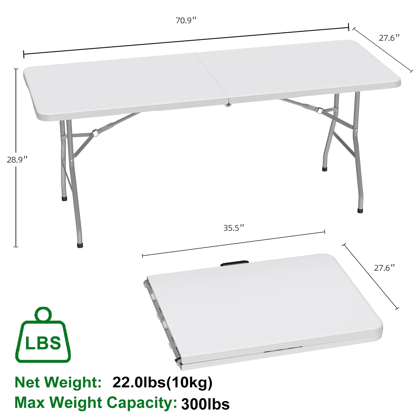 Allpop 6Ft Folding Table for Indoor Outdoor, Fold-in-Half Portable Plastic Dining Table with Carrying Handle for Picnic Party Camping, White